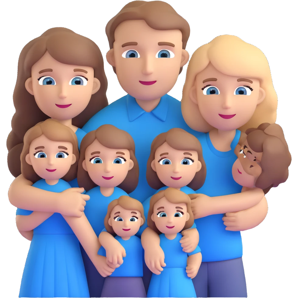 Family with mother, father and three little girls, everyone has light brown hair and blue eyes emoji
