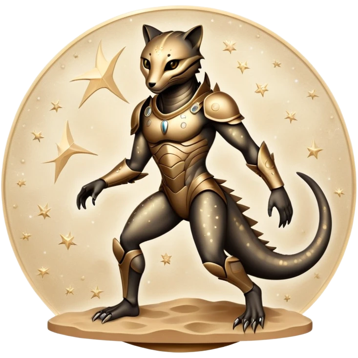 A nocturnal predator with a body resembling polished bronze plates that absorb moonlight, featuring constellation patterns that rearrange themselves to hypnotize prey before it strikes from beneath the sand. full body emoji