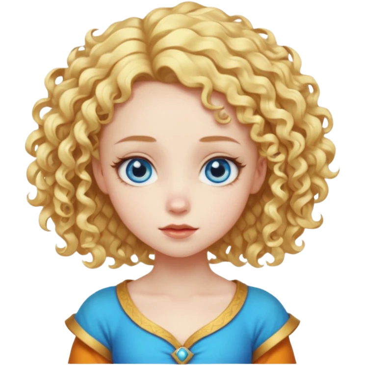 Cute fantasy character head with a large forehead, big bright blue eyes, and short, voluminous golden blond curly hair. Stylized, colorful, cartoon look focused on cuteness. emoji