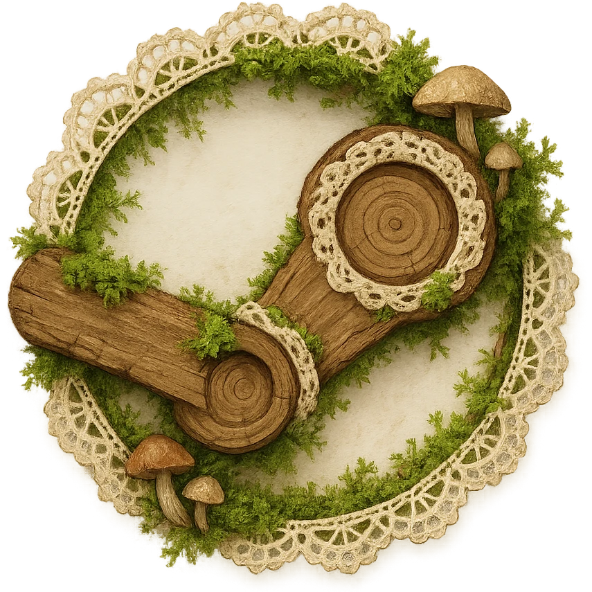 Rustic Steam logo in cottagecore style: logo formed from wooden rings and arms, with lace, moss, and mushrooms, cozy and natural, no text emoji