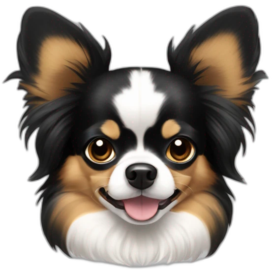Black tan papillon long hair Chihuahua dog with some white markings chest and a snout emoji