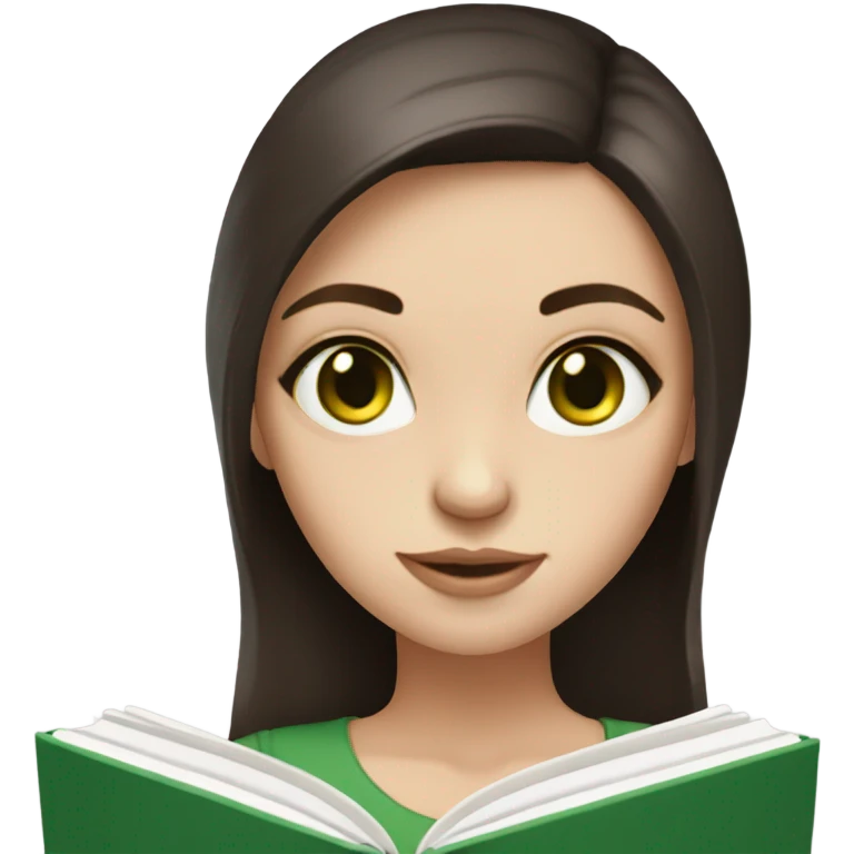 Girl with green eyes, shoulder length dark brown hair, pale skin, reading a book  emoji