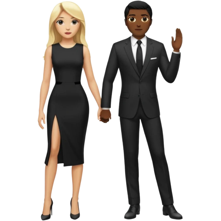 Blonde woman, black, Long, tight, sleveless Dress, Slot left Leg,man in suit emoji