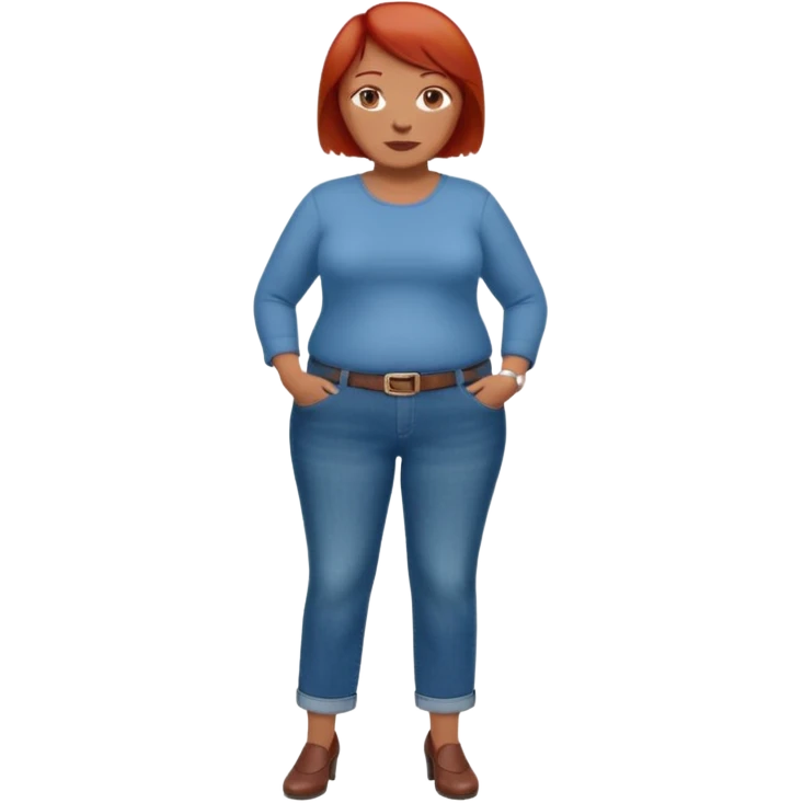 Lazy old Short woman with straight short red hair and fat tummy..wears business casual jeams and full sleeve  tshirt. Not smart looking ill fitting clothes emoji