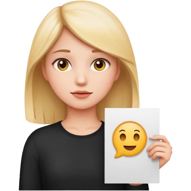 close up of a girl holding a white poster, standing to the side so her face is visible, emoji style emoji