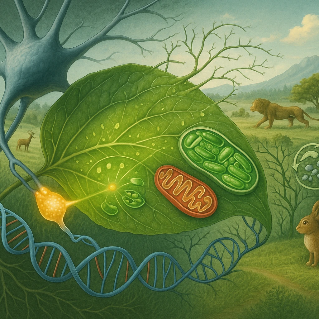 A panoramic scientific illustration merging all key biology topics for grades 11-12 into one continuous ecosystem scene, ultra-realistic style: In the foreground, a neuron (neurobiology) synapses with a leaf's vascular system (applied biology). The leaf undergoes photosynthesis (energy conversion) while revealing microscopic views of chloroplasts and mitochondria. Its DNA strands (molecular genetics) morph into a phylogenetic tree (evolution) that forms the landscape. In the background, a balanced ecosystem (ecology) shows predator-prey dynamics and nutrient cycling. All elements flow together organically through biological connections - no artificial borders, labels, or sections. Color palette: natural greens/blues with molecular structures in accurate scientific colors (red ATP, blue DNA). Style: National Geographic scientific realism with macro-to-micro transitions. emoji