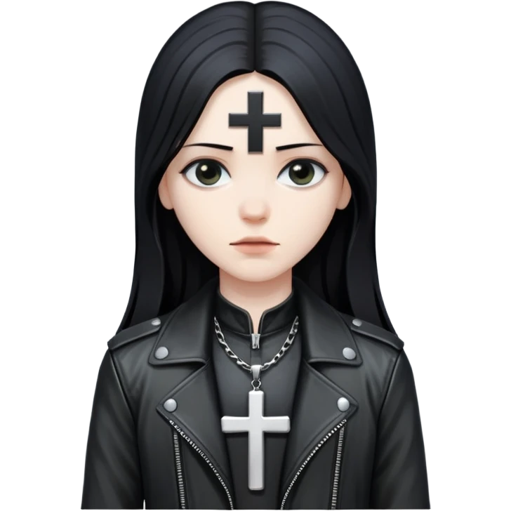 black metal inspired emoji with long hair, leather jacket, inverted cross emoji