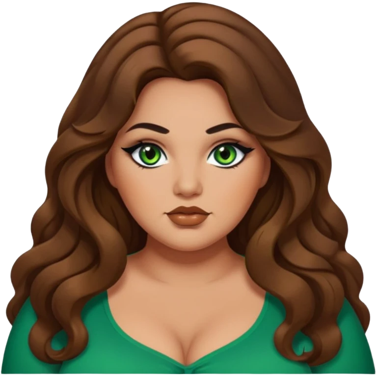 plus size, long brown wavy hair, baddie,pretty, makeup, black eyeliner, long hair, green eyed emoji