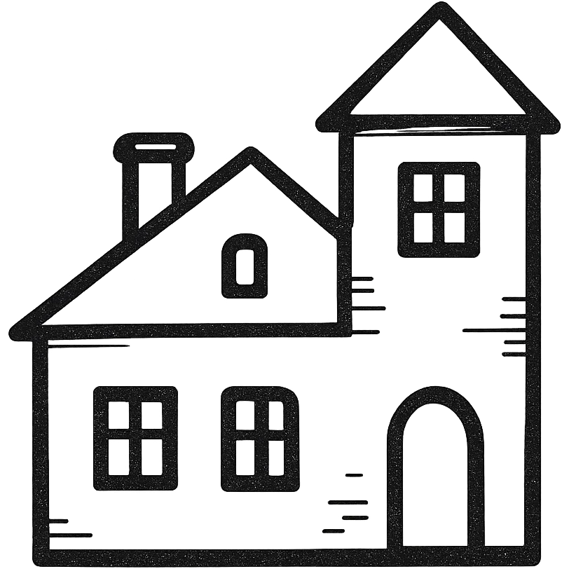 Icon of a house in Kaliningrad, hand drawn, black outlines, no fill, simple and clean, top view emoji