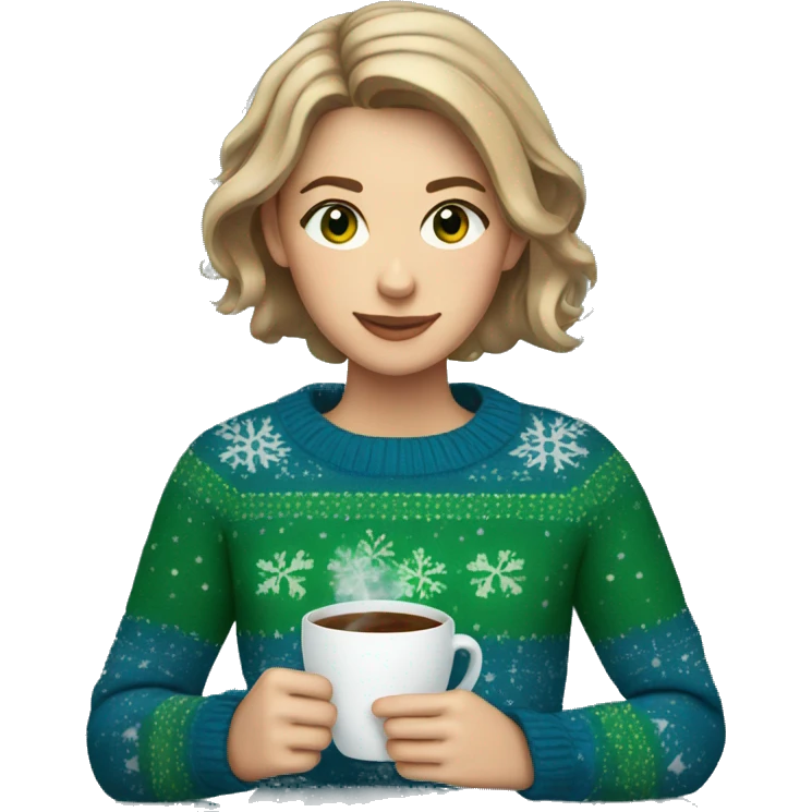 Light brown short haired girl with green eyes drinking coffee wearing blue Christmas sweater emoji