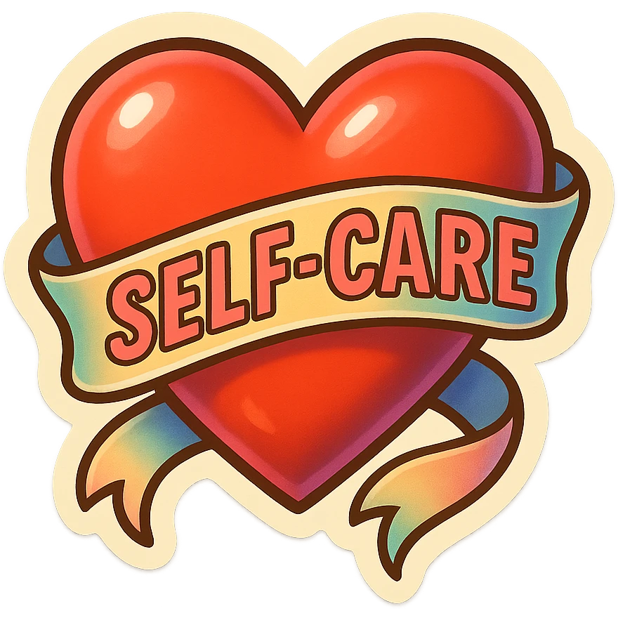 ribbon wrapping a heart, symbol of self-care, retro sticker style, clear contours, shadows and highlights, psychosomatics theme emoji