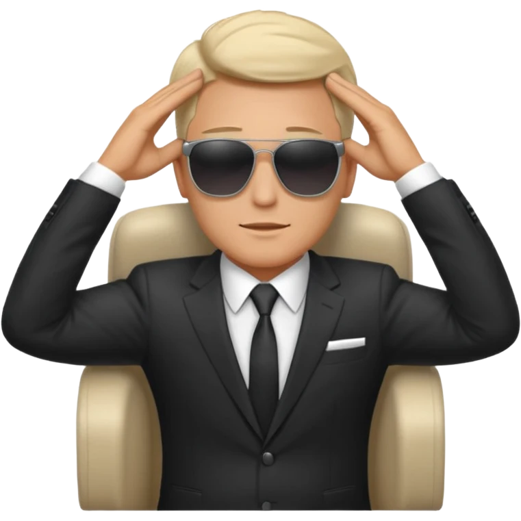 white man in formal suit wearing sunglasses resting with hands behind head emoji