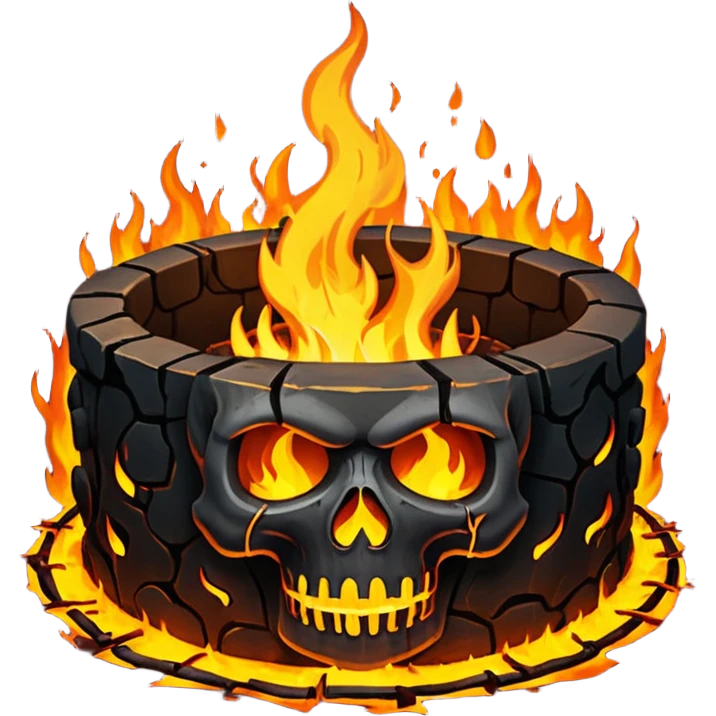 A circular pit (looking top down) with fire and skulls inside, in a dark and gritty style like your bleeding skull art emoji