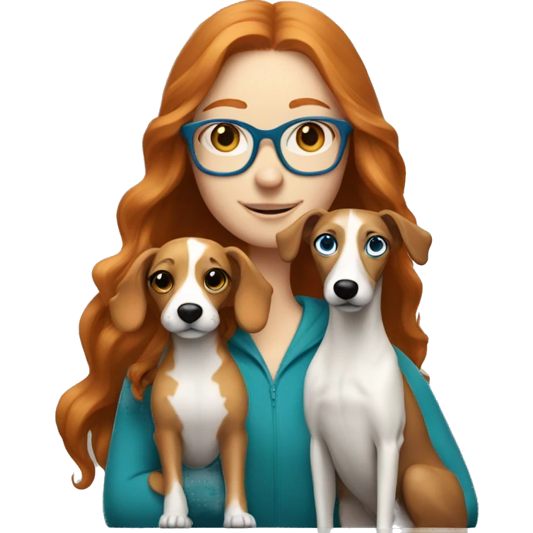 ginger girl with long hair and blue glasses holding whippet emoji