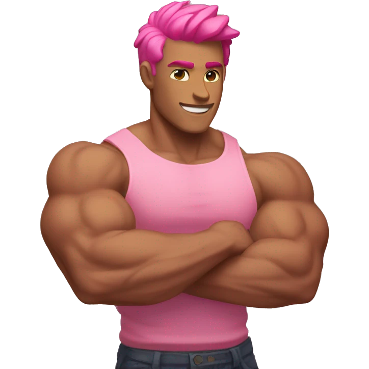 Flexed male biceps, tan skin, pink hair emoji