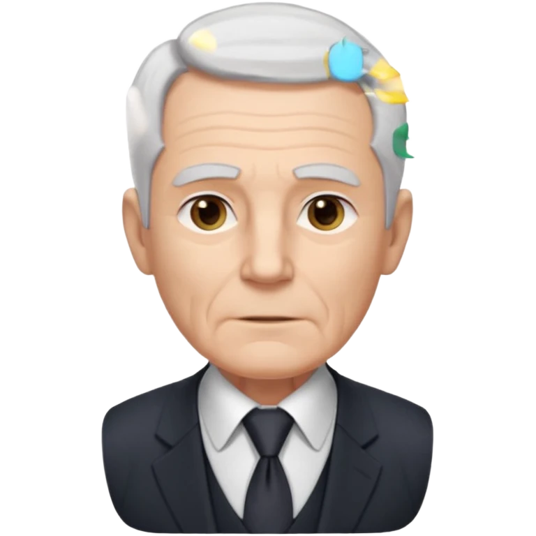 Elderly white man. Pale skin. Gray or white hair neatly combed back. Clean-shaven face with wrinkles around the eyes and mouth. Calm, steady eyes. Wears a collared shirt, tie, vest, and dark suit jacket visible from the chest up. emoji