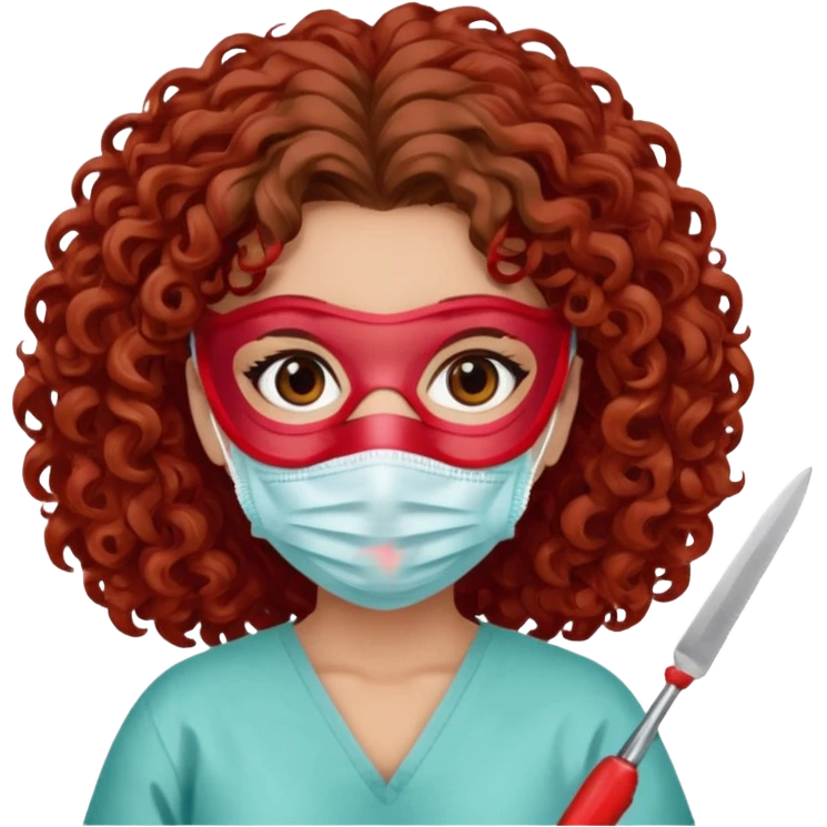 Lilith symbol seductress evil surgeon. Hair curly, and brown. Long curly brown hair. Red surgical mask and hair covering. She works for cartel and kills  with a scalpel. emoji