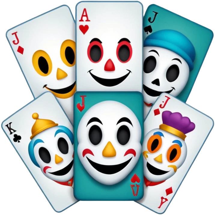 bunch of 3 poker cards, with crazy colorful human jolly jokers inside, inversed face, cuphead style emoji
