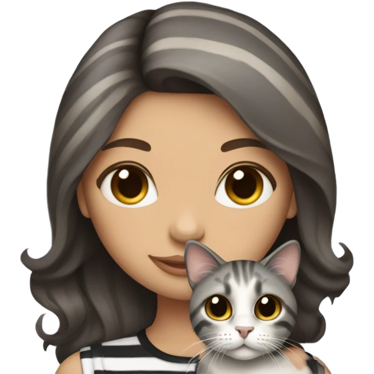 Beautiful dark brown haired tattooed woman holding gray and white striped long hair cat emoji