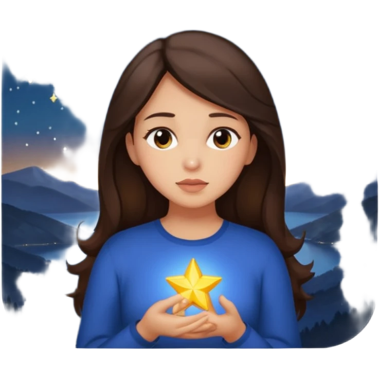 brunette woman pondering with a glowing star above her, nighttime scene emoji