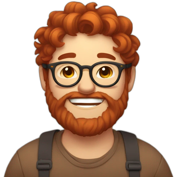 Chubby, non binary, round glasses, long brown hair and chaotic red beard, laughing ans sleepy emoji