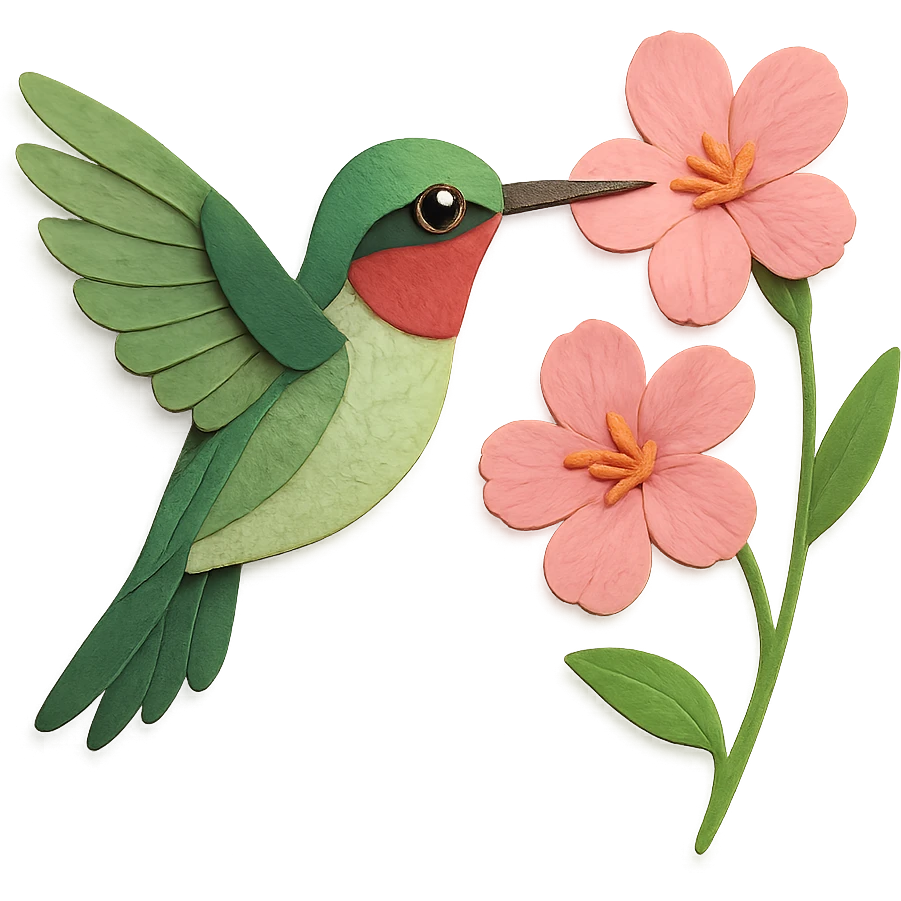 ruby-throated hummingbird in flight, delicate paper layers, hovering near pink flowers, expressive eye emoji