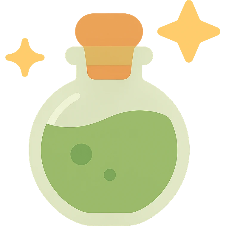 cute magic potion bottle stars are shining around add different details FA9B41, 4A7C5C,  emoji