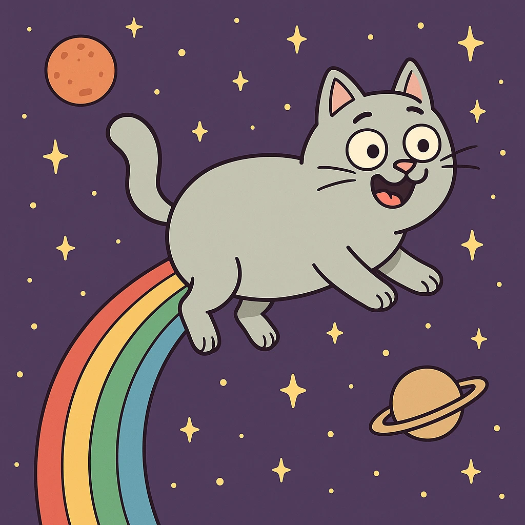 flat toon style flying cat pooping rainbows in outer space with stars and planets emoji