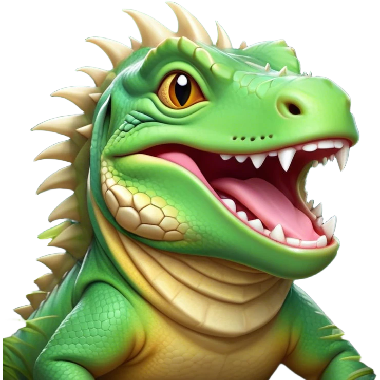 Cinematic Cute Yawning Iguana Portrait Emoji, Head tilted slightly with a dramatic, wide-open yawn, showcasing a sturdy, scaled body with a softly drooping spiky crest and sleepy, half-closed eyes, Simplified yet irresistibly adorable features, highly detailed, glowing with a soft, cozy jungle glow, high shine, relaxed yet expressive, stylized with a dash of whimsical charm, soft glowing outline, capturing the essence of a drowsy yet affectionate iguana that appears ready to stretch out for a nap! emoji