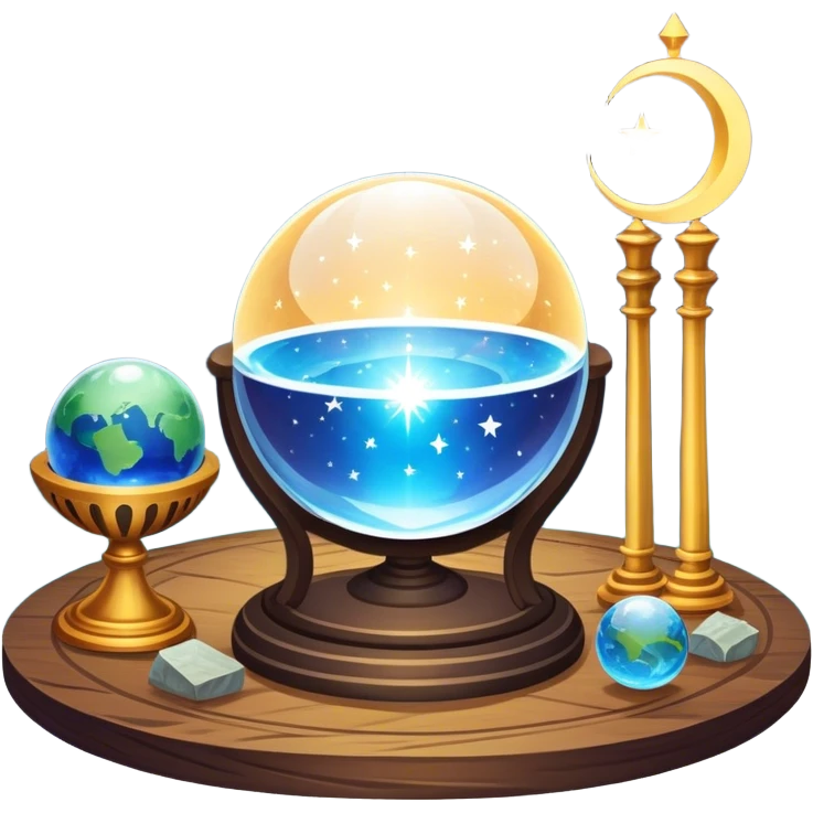 a mystical icon featuring a crystal ball (fortune-telling sphere) on a table with tarot cards scattered around. Surround the scene with planets, stars, and zodiac signs. The design is vibrant, magical, and evoke a sense of mystery and spirituality, with glowing effects and a cosmic atmosphere. emoji