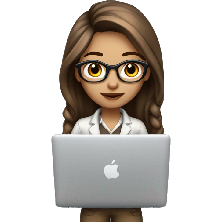 Beautiful programmer girl with brown highlight streaks hair working with MacBook, with brown eyes and facing towards me, not a side angle also, having a smile and wearing nice clothes professional  emoji