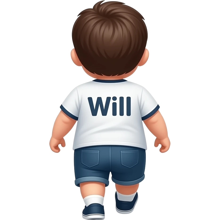 hazme un niño gordo que se le vea todo el cuerpo i este contento i  que este de espaldas caminado para atras que en la camiseta ponga Will en letras emoji