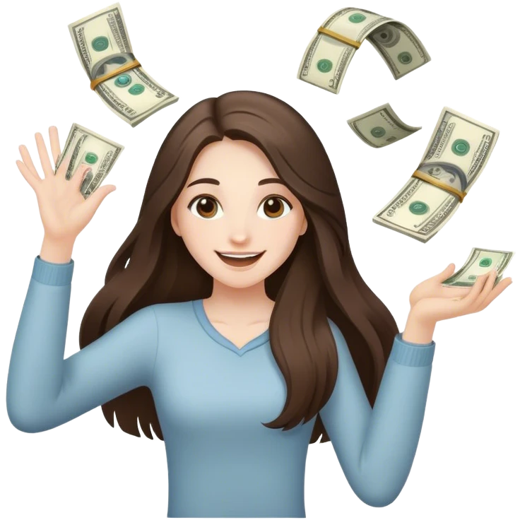 happy beautiful pale brunette girl with long hair throwing money emoji