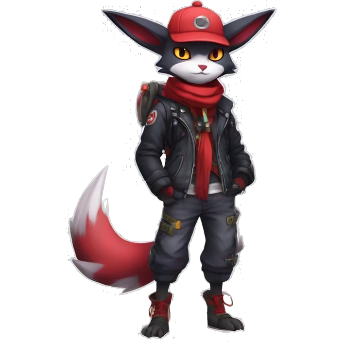 Cool Anthro Noibat-Zangoose-Quilava-Litten-Sphynx-Feline-Pokémon with red scarf punk techwear cool fiddler-hat Full Body emoji