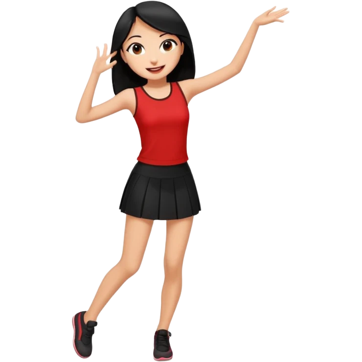 Chicas esbelta con falda corta negra y top rojo,pelo semi largo negro y lacio  super feliz,pero bailando emoji