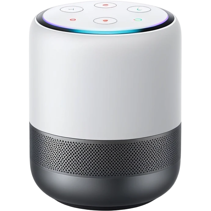 Sleek Apple-style smart speaker, minimalist design, cylindrical shape, premium materials, white or space gray color, touch surface on top, modern home device emoji