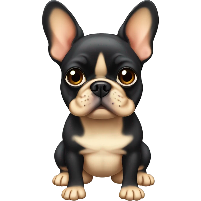 A small, black-and-tan French bulldog with a mostly black face and tan paws, tilting its head slightly with wide, puzzled eyes and a slightly furrowed brow, perhaps with a small question mark near its head emoji