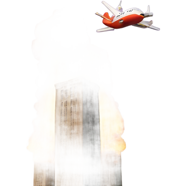 Two square towers on fire and an airplane in background emoji