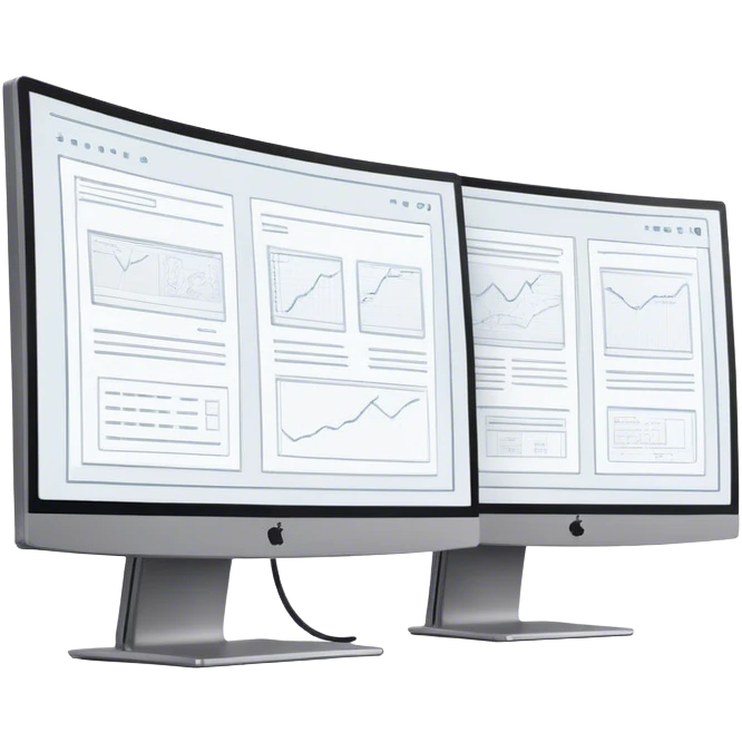 Create an emoji for UX/UI design. Show two large curved monitors side by side, displaying wireframe sketches or design mockups with interface elements like buttons, sliders, and icons. Use modern, professional colors. Do not include any emojis or smiley faces. Make the background transparent. emoji