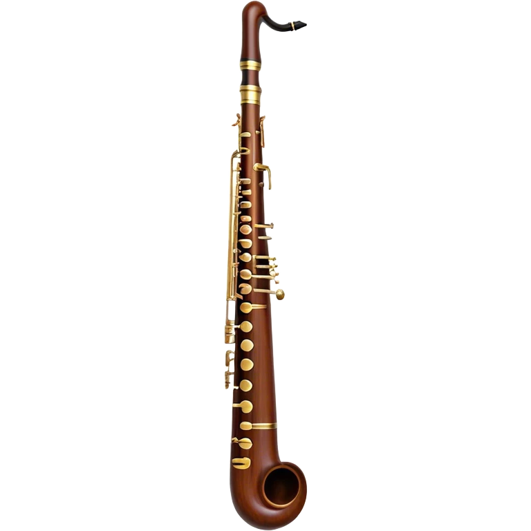 Create an emoji representing a professional bassoon. The design should feature the sleek wooden body of the bassoon with its rich wood tones, showing the intricate keywork and metal springs. The metal tubing of the instrument should be clearly visible, with polished brass accents. Highlight the bell and the distinctive, straight shape of the instrument. The mouthpiece and reed should be visible at the top, emphasizing the functional details. Use warm wood tones like dark brown, with gold and brass accents for the keys and fittings. Add soft musical notes or soundwaves to represent the deep, resonant sound of the bassoon. The background should be transparent. emoji