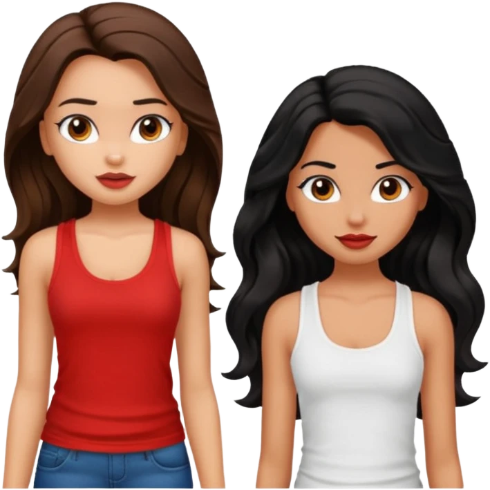 generate a pretty tan bratz girl with brown wavy hair long wearing a red tank top talking to a girl with black hair emoji