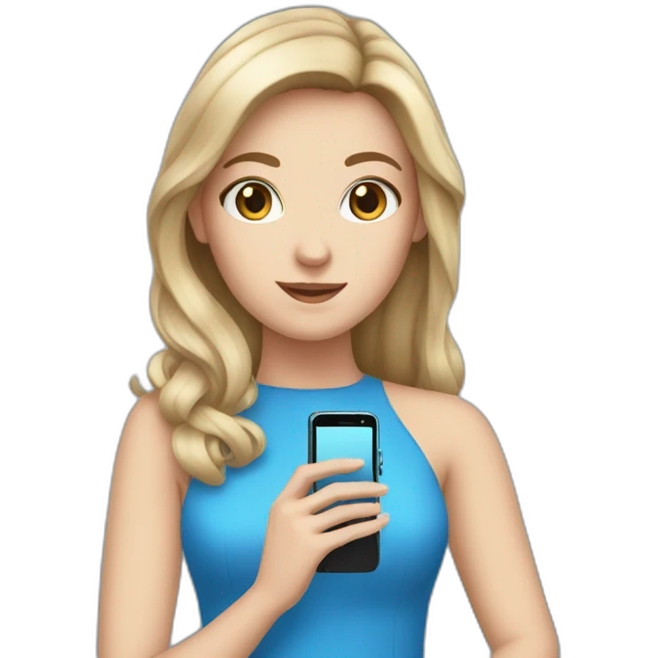 a white girl in a blue dress holding a cell phone emoji
