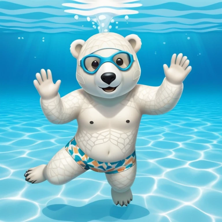 friendly anthropomorphised polar bear swimming freestyle in a large pool, excited expression, wearing patterned swim trunks and full snorkel mask emoji