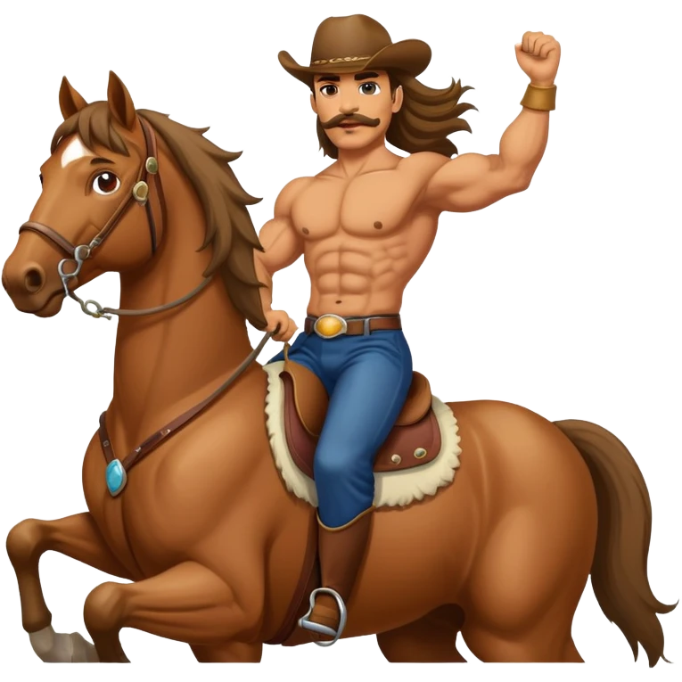 super jacked guy with a mustache and long hair riding a horse emoji