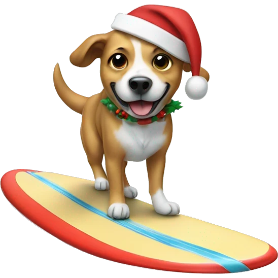 dog surfing while wearing a christmas hat emoji