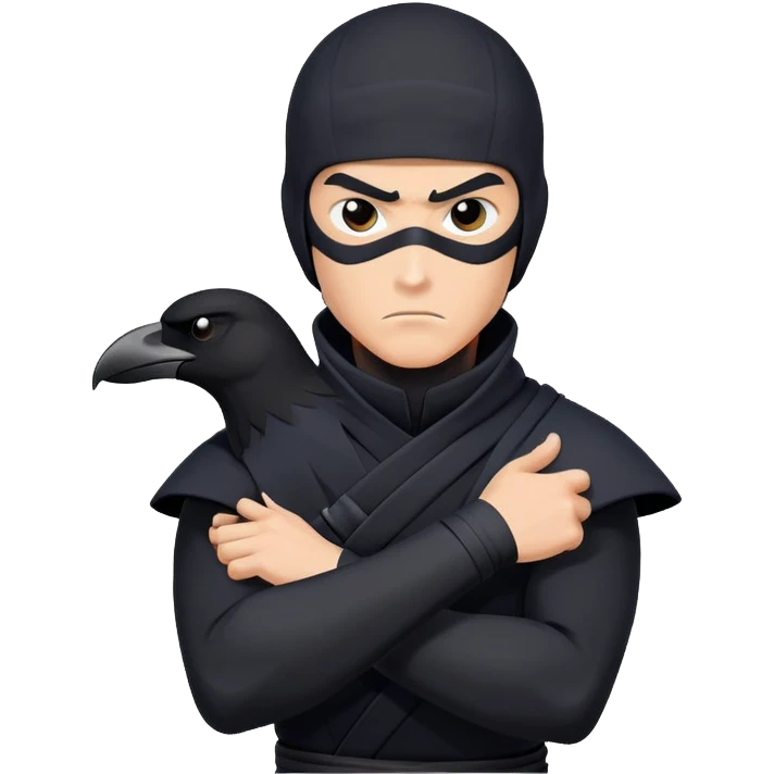 clash-of-clans-aesthetic_-cinematic-mysterious-male-ninja-portrait-emoji, rendered in a flat, vector-style with minimal shading and bold, simplified shapes, with a head slightly turned revealing intense, focused eyes. the ninja has his arm out and perched on top of his forarm is  a black crow emoji