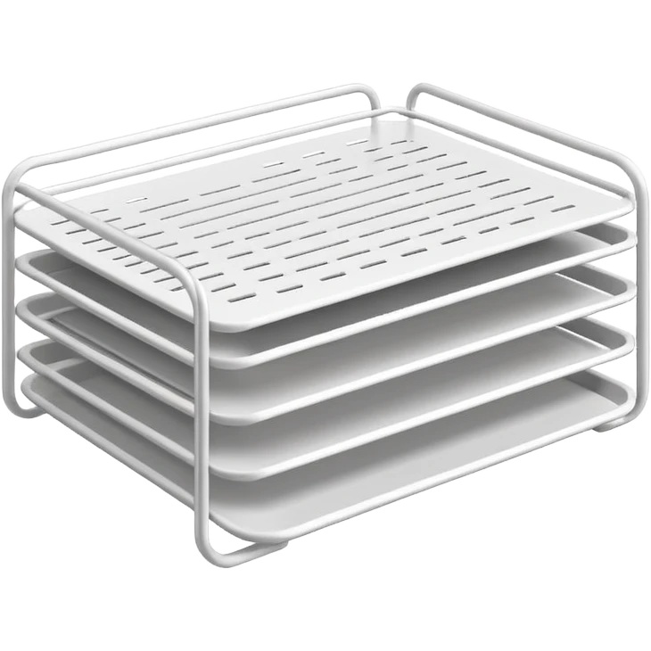 A minimal, clean emoji-style illustration of a white metal desk paper organizer tray, shown in slight isometric view so its structure is readable at a small scale. The organizer is rectangular with rounded corners, made of thin white metal wires, forming two to three stacked horizontal slots.
 emoji