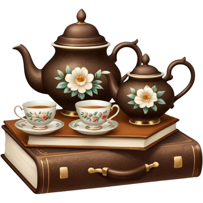 A beautiful vintage tea set stands on a brown book emoji