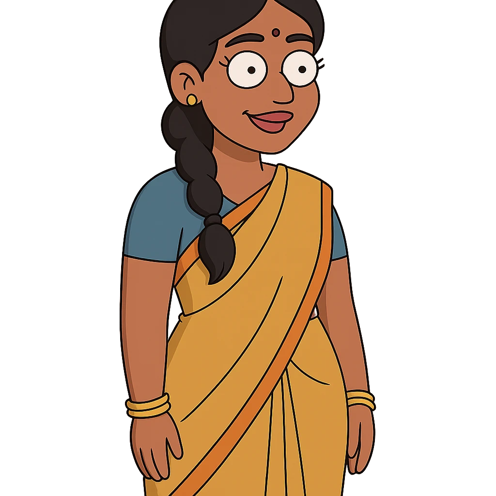 Tamil girl in modern cartoon look, traditional dress emoji