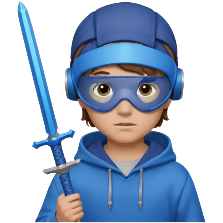 a boy with brown hair, a blue vr headset. a blue hoodie and a blue sword and show the hair emoji